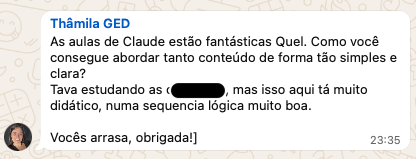 Mensagem de aluna elogiando as aulas de Claude: didáticas, simples e claras